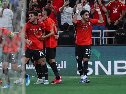 عمر مرموش يحتفل بهدفه مع مصر أمام السعودية في لقاء ودي بجدة - 27 مارس 2026 - X@EFA