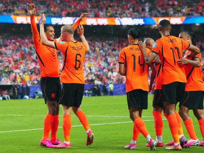 لاعبو هولندا يحتفلون بالهدف الثالث في مرمى تونس في كأس العالم - 26 يونيو 2026 - IMAGN IMAGES via Reuters Connect
