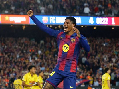 لاعب برشلونة ماركوس راشفورد يحتفل بالتسجيل ضد إسبانيول في الدوري الإسباني - 11 أبريل 2026 - Reuters