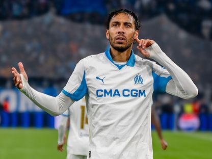 بيير إيميريك أوباميانغ يحتفل بهدفه في مباراة أولمبيك مارسيليا ونيوكاسل بدوري أبطال أوروبا - 25 نوفمبر 2025 - X/OM_Officiel