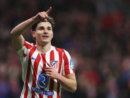 خوليان ألفاريز بعد تسجيله هدفاً لأتلتيكو مدريد في مرمى توتنهام بذهاب ثمن نهائي دوري أبطال أوروبا - 10 مارس 2026 - REUTERS