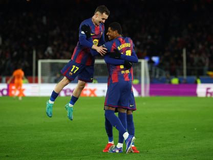 فرحة ماركوس راشفورد مع زملائه بهدفه في مرمى كوبنهاغن في دوري أبطال أوروبا - 28 يناير 2026 - Reuters