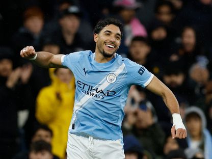 عمر مرموش مهاجم مانشستر سيتي يحتفل بهدفه في مرمى كريستال بالاس في الدوري الإنجليزي - 13 مايو 2026 - Action Images via Reuters