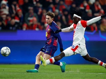 فيرمين لوبيز أثناء تسجيل هدفه الأول في مباراة سبارتا براغ وبرشلونة بدوري أبطال أوروبا - 21 يناير 2026 - Reuters