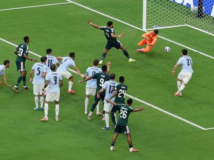 عبد الإله العامري أثناء تسجيل هدف السعودية ضد أوروغواي في كأس العالم - 15 يونيو 2026 - Reuters