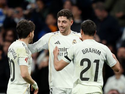 فيديريكو فالفيردي يحتفل بهدفه في مباراة ريال مدريد وإلتشي بالدوري الإسباني - 14 مارس 2026 - Reuters