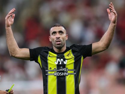 الدولي المغربي عبد الرزاق حمد الله مهاجم الاتحاد يحتفل بهدفه في شباك الوحدة - 26 فبراير 2024 - X/ittihad