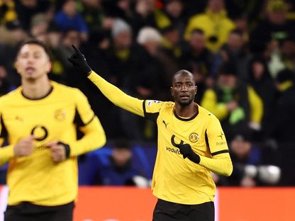 سيرهو غيراسي مهاجم بوروسيا دورتموند يحتفل بهدفه أمام أتالانتا بدوري أبطال أوروبا - 19 فبراير 2026 - Reuters