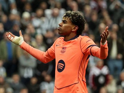 لامين يامال يحتفل بهدفه خلال مباراة نيوكاسل وبرشلونة بدوري أبطال أوروبا - 10 مارس 2026 - Reuters