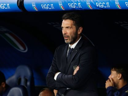جيانلويغي بوفون حارس مرمى يوفنتوس وإيطاليا السابق خلال مباراة إيطاليا وبلجيكا في دوري الأمم الأوروبية - 10 أكتوبر 2024 - Reuters