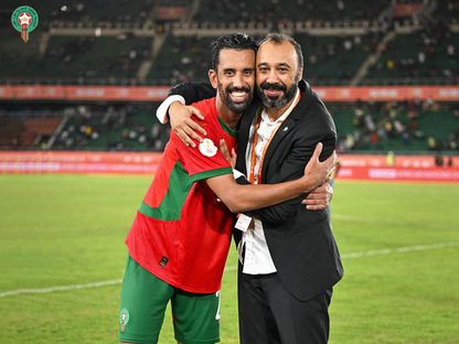 طارق السكتيوي مدرب منتخب المغرب للمحليين والقائد محمد ربيع حريمات - 22 أغسطس 2025 - X@EnMaroc