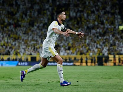 احتفال كريستيانو رونالدو نجم النصر بهدفه في مرمى ضمك بالدوري السعودي - 21 مايو 2026 - Reuters