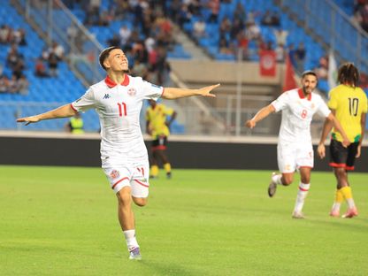 احتفال إلياس الغربي لاعب تونس بتسجيل هدف في مرمى ساو تومي بتصفيات كأس العالم 2026 - 10 أكتوبر 2025 - FB/@Équipe Nationale Tunisienne