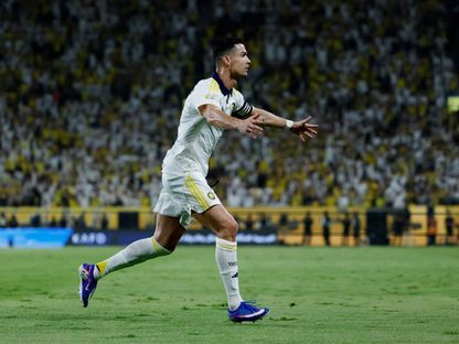 احتفال كريستيانو رونالدو نجم النصر بهدفه في مرمى ضمك بالدوري السعودي - 21 مايو 2026 - Reuters