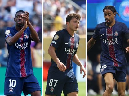 لاعبو باريس سان جيرمان برادلي باركولا وجواو نيفيز وعثمان ديمبيلي في صورة مُركبة - الشرق
