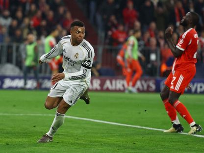 كيليان مبابي مهاجم ريال مدريد يحتفل بهدفه في مرمى بايرن ميونيخ في دوري أبطال أوروبا - 15 أبريل 2026 - Reuters