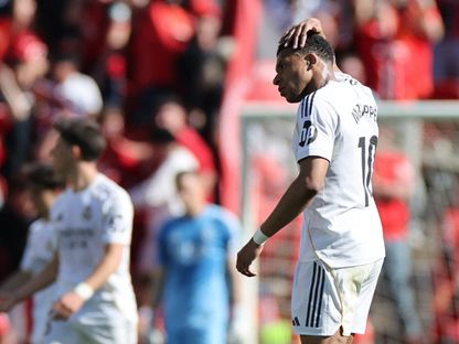 حسرة كيليان مبابي نجم ريال مدريد خلال المواجهة أمام ريال مايوركا في الدوري الإسباني - 4 أبريل 2026 - Reuters