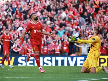 محمد صلاح يحتفل بالتسجيل مع ليفربول ضد توتنهام - 27 أبريل 2025 - Reuters
