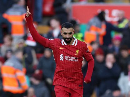 محمد صلاح مهاجم ليفربول يحتفل بهدفه في مرمى إيبسويتش تاون - 25 يناير 2025 - Reuters