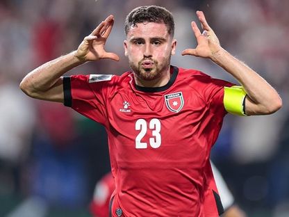 احتفال علي عزايزة نجم الأردن بتسجيل هدف في مرمى قيرغيزستان بكأس آسيا تحت 23 عاماً - - FB/@Jordan Football Association