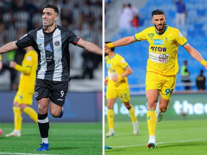 صورة مركبة لاحتفالية عمر السومة (العروبة) وعبد الرزاق حمد الله (الشباب) في دوري روشن السعودي - X/@AlShababSaudiFC - @ALOROBAH_FC