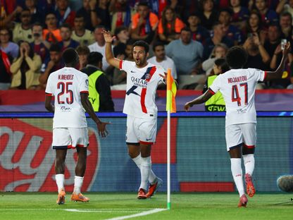 غونزالو راموس مهاجم باريس سان جيرمان يحتفل بهدف الفوز على برشلونة في دوري أبطال أوروبا - 1 أكتوبر 2025 - Reuters