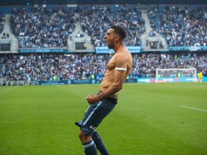 المصري أحمد حسن كوكا لاعب لوهافر يحتفل بهدفه في شباك موناكو - 26 أبريل 2025 - FOOT_NORMAND