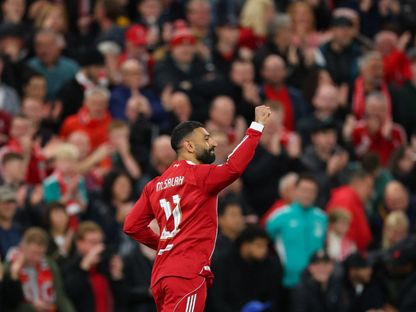 احتفال محمد صلاح نجم ليفربول بتسجيل هدف في مرمى أتلتيكو مدريد بدوري أبطال أوروبا - 17 سبتمبر 2025 - Reuters