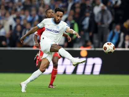 الدولي الغابوني بيير إيمريك أوباميانغ مهاجم نادي مارسيليا الفرنسي - 18 أبريل 2024 - REUTERS