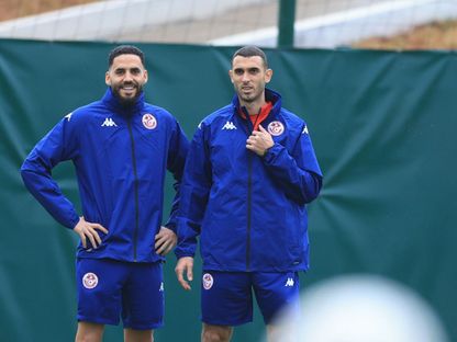 إلياس السخيري وديلان برون خلال تدريب لمنتخب تونس - 22 ديسمبر 2025 - FB/@Équipe Nationale Tunisienne