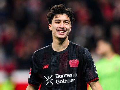 إبراهيم مازة يحتفل بهدفه في مباراة باير ليفركوزن وهايدنهايم بالدوري الألماني - 8 نوفمبر 2025 - X/bayer04_en