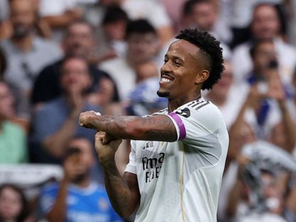 إيدر ميليتاو مدافع ريال مدريد يحتفل بهدفه في مرمى إسبانيول بالدوري الإسباني - 20 سبتمبر 2025 - Reuters