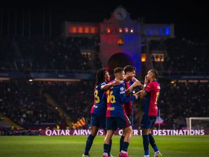 لاعبو برشلونة يحتفلون بمواجهة بوروسيا دورتموند في ذهاب ربع نهائي دوري أبطال أوروبا - 9 أبريل 2025 - www.fcbarcelona.com