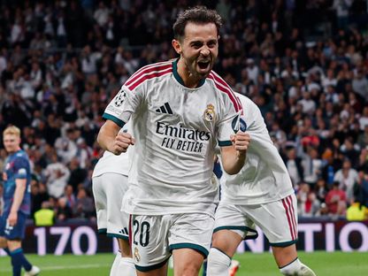 احتفال برناردو سيلفا بهدف ريال مدريد في مرمى لايبزيغ بدوري أبطال أوروبا - 21 أكتوبر 2026 - X/@realmadrid