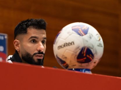 صالح الشهري مهاجم منتخب السعودية خلال المؤتمر الصحفي قبل مواجهة العراق في تصفيات كأس العالم - 13 أكتوبر 2025 - x/SaudiNT/
