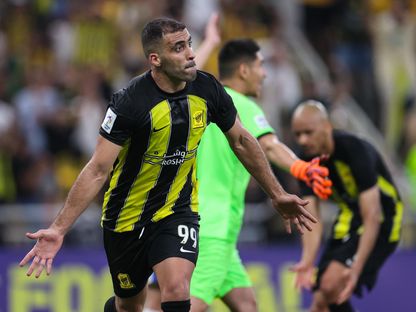 الدولي المغربي عبد الرزاق حمد الله مهاجم الاتحاد يحتفل بهدفه في شباك نافباخور الأوزبكي - 22 فبراير 2024 - X/ittihad