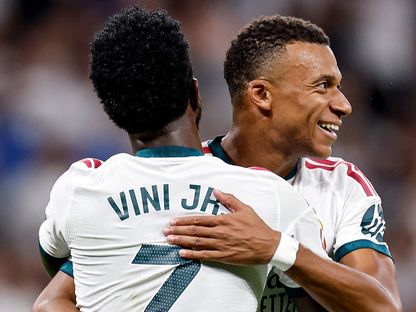 كيليان مبابي وفينيسيوس جونيور نجما ريال مدريد يحتفلان بالتسجيل أمام ريال سوسيداد في الليغا - 26 اغسطس 2026 - X@realmadrid