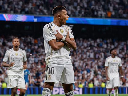 كيليان مبابي مهاجم ريال مدريد يحتفل بهدفه الثاني في مرمى مارسيليا بدوري أبطال أوروبا - 16 سبتمبر 2025 - x/@realmadrid