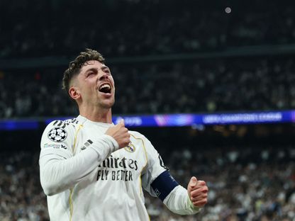 فيديريكو فالفيردي يحتفل بهدفه في مباراة ريال مدريد ومانشستر سيتي بدوري أبطال أوروبا - 11 مارس 2026 - Reuters