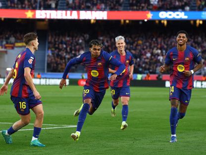 لامين يامال نجم برشلونة يحتفل بهدفه أمام مايوركا بالدوري الإسباني - 7 فبراير 2026 - Reuters