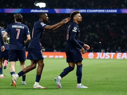 ديزيري دوي يحتفل رفقة ديمبيلي بهدفه ضد أستون فيلا بدوري أبطال أوروبا - 9 أبريل 2025 - Reuters