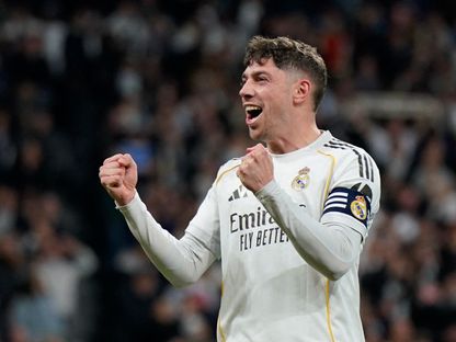 فيدي فالفيردي خلال الاحتفال بهدفه في لقاء ريال مدريد وريال سوسيداد بالليغا - 14 فبراير 2026 - Reuters