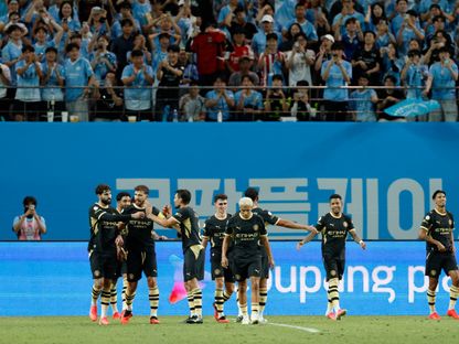 عمر مرموش يحتفل بالتسجيل مع مانشستر سيتي ضد أتلتيكو مدريد - 9 أغسطس 2026 - Reuters