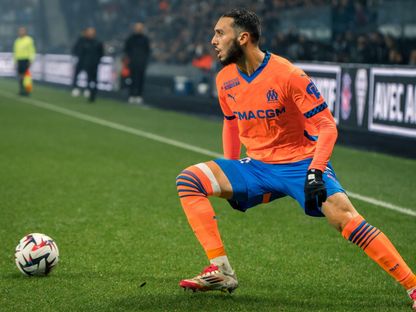 أمين غويري لاعب أولمبيك مارسيليا في مباراة أنجيه بالدوري الفرنسي - 9 فبراير 2025 - X/@OM_Arab