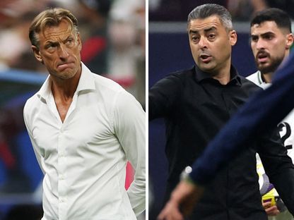 صورة مركبة لمدرب فلسطين إيهاب أبو جزر ومدرب المنتخب السعودي هيرفي رينارد - Reuters