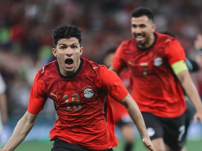 إسلام عيسى لاعب مصر يحتفل بهدفه أمام السعودية في لقاء ودي بجدة - 27 مارس 2026 - X@EFA