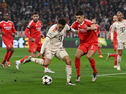 جمال موسيالا في مواجهة أنطونيو سيلفا من مواجهة بايرن ميونيخ وبنفيكا الأخيرة بدوري أبطال أوروبا - 6 نوفمبر 2024 - Reuters