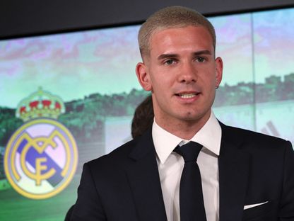 فرانكو ماستانتونو خلال مؤتمر صحافي لدى تقديمه في ريال مدريد - 14 أغسطس 2025 - Reuters