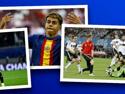 صورة مركبة لهدف إسبانيا في نهائي يورو 2008 ولامين يامال وكروس مع خوسيلو - Sports.asharq