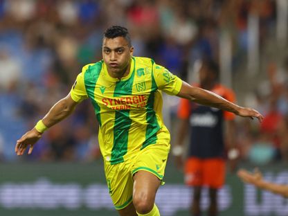 المصري مصطفى محمد يحتفل بعد تسجيله هدفاً لنانت في شباك مونبلييه - 31 أغسطس 2024 - REUTERS